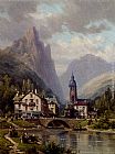 Riverside Paintings - An Agler Before An Alpine Riverside Town by Charles Euphrasie Kuwasseg